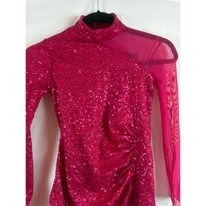 Kids Sparkly Pink Sequin Mock Neck Long Sleeve Performance Dress